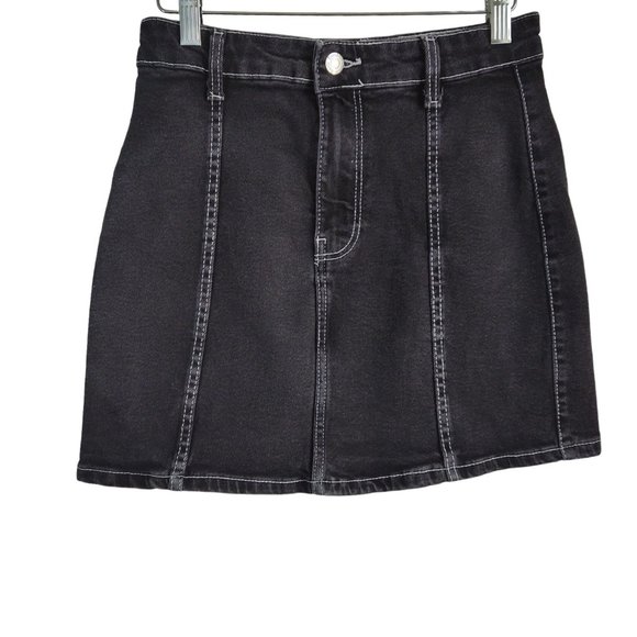 BERSHKA 8SKGirl Black Denim White Stitch Cotton Stretch Panel Mini Skirt Sz 2 - Picture 1 of 5